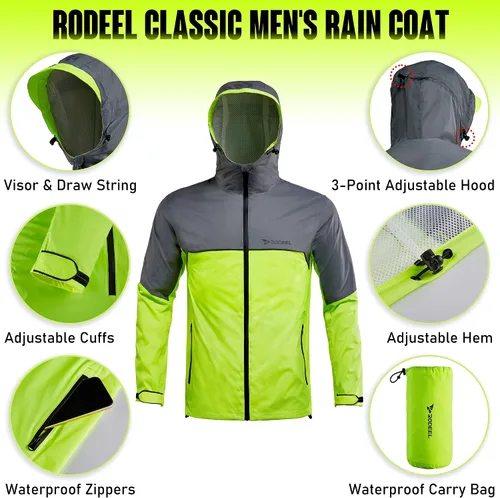 Vista 3 de Rodeel Chaqueta impermeable para hombre, ligera, reutilizable, con capucha, para actividades al aire libre