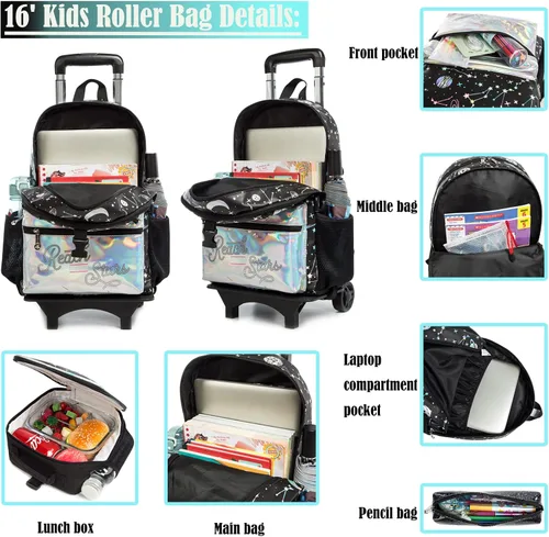 Vista 6 de Egchescebo Kids Rolling Kid Travel Toddler Duffle Bag Mochila desmontable para niñas Rosa, Negro-220223-1-L, Mochilas de viaje