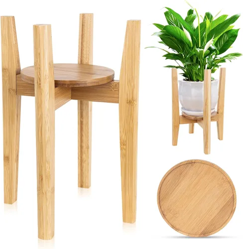 Vista 8 de Soporte ajustable para plantas con bandeja, soporte de madera para plantas de interior para macetas de 8 a 12 pulgadas, moderno soporte para macetas