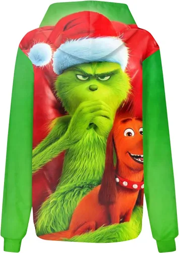 Vista 5 de Sudadera con capucha para mujer, sudadera verde con capucha y estampado de Feliz Navidad