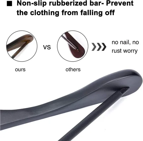 Vista 7 de JS Hanger Perchas de madera para trajes, paquete de 6 perchas de madera extra anchas con barra antideslizante para pantalones, acabado negro extra