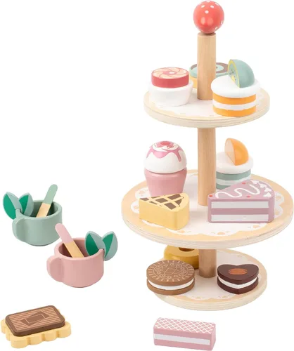 Vista 10 de Juego de comida de madera para jugar a pastel de cumpleaños, juego de fiesta de té para niños pequeños, juegos de accesorios de cocina Montessori