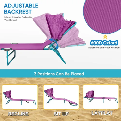 Vista 5 de Northroad Paquete de 2 sillas de playa con toldo, silla bronceadora plegable ajustable de 4 posiciones, tumbona resistente para exteriores