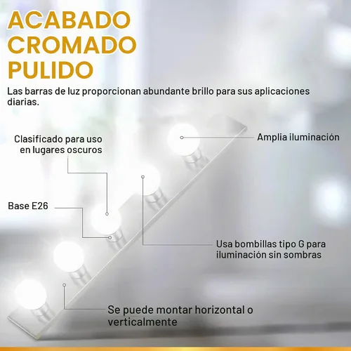 Vista 6 de Lighting Five Light Vanity Strip - Lámpara de espejo estilo Hollywood con placas cromadas, accesorios de grado de salón para dormitorio, baño Cromo