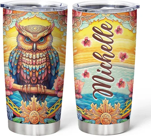 Vista 16 de Hyturtle Vaso personalizado para amantes de los búhos, vaso de café de acero inoxidable con nombre personalizado, 20 onzas con tapa, ideal como