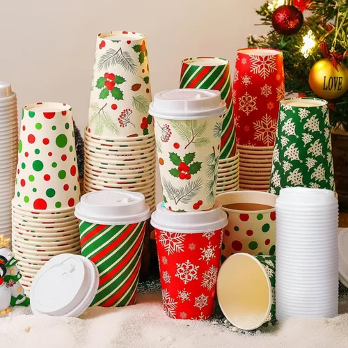 Vista 12 de Gerrii Juego de 100 vasos de papel de Navidad desechables de 12 onzas con tapas, tazas de chocolate caliente, tazas de café, tazas calientes