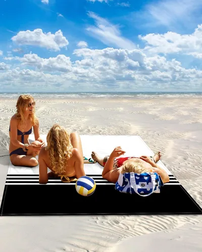 Vista 12 de Manta de playa con diseño geométrico de rayas azules y blancas, a prueba de arena, impermeable, de secado rápido, artículos esenciales de playa