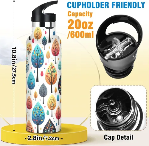 Vista 2 de Kids Water Bottle with Straw 20 Oz, Kids Stainless Steel Vacuum Insulated Water Bottle for Travel or School, BPA-Free, Playful Trees