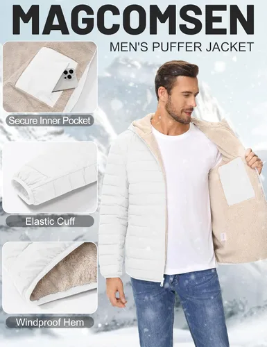 Vista 26 de MAGCOMSEN Chaqueta acolchada para hombre con capucha, forro de vellón, chaqueta térmica resistente al agua, chaqueta de plumón con cremallera
