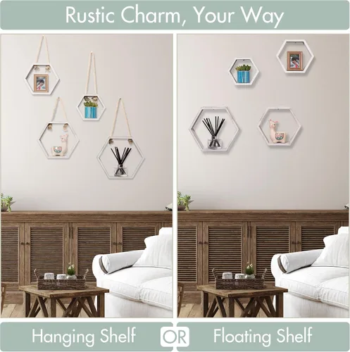Vista 4 de Estantes hexagonales flotantes o colgantes de doble propósito, juego de 4 estantes hexagonales blancos lavados para pared, estantes flotantes