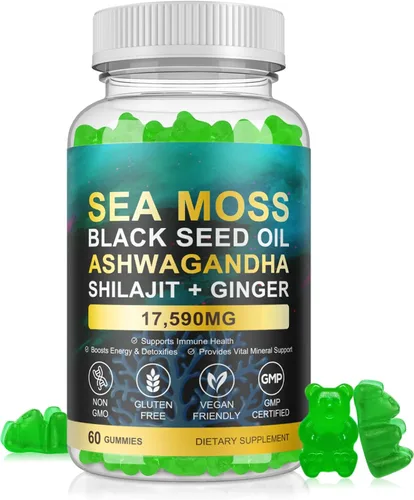 Vista 2 de Gomitas de musgo marino, gomitas de musgo marino con aceite de semilla negra, Ashwagandha, ingredientes naturales Shilajit y jengibre para hombres
