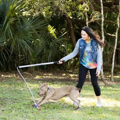 Vista 2 de Squishy Face Studio Flirt Pole V2 - Paquete de juguetes de ejercicio para perros con 2 señuelos y 1 tirador, 36 pulgadas, arcoíris, teñido anudado