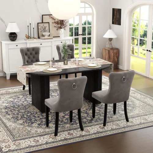 Vista 18 de Juego de mesa de comedor ovalada extensible con 4 sillas tapizadas de terciopelo de alta gama, mesa de cocina de 59 a 91 pulgadas y sillas
