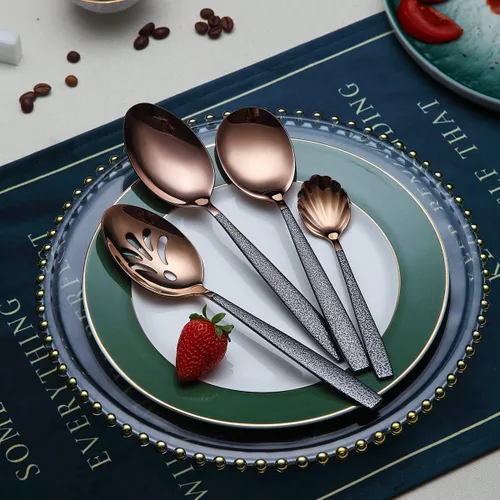 Vista 6 de Juego de servir de metal con cabeza de cobre brillante, 10 piezas, incluye servidor para pasteles, cuchara y tenedor de ensalada, cucharón