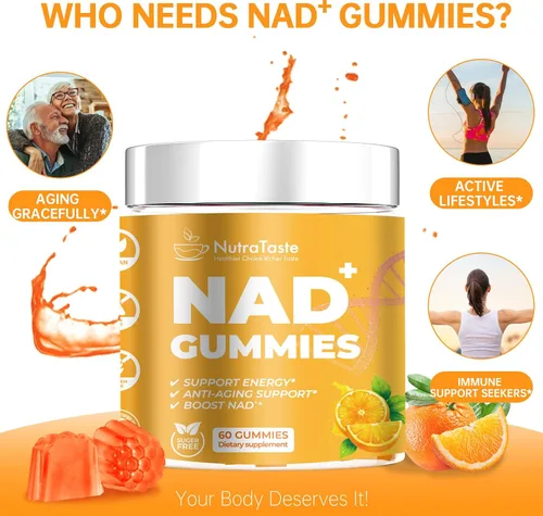 Vista 7 de Suplemento de gomitas NAD+, resveratrol y ribósido de nicotinamida, antienvejecimiento, energía y enfoque, sabor naranja, vegano, sin azúcar, 60