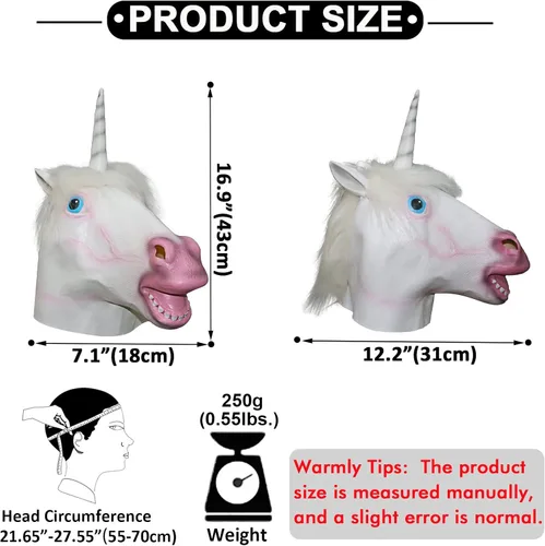 Vista 8 de Halford Unicorn Mask, Horse Mask, Funny Latex Cute Animal Full Head Mask Novelty Cosplay Party Props for Adults