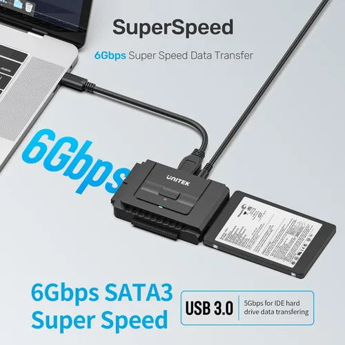 Vista 3 de Kit de adaptador de disco duro externo conversor de Unitek USB C a IDE y SATA para discos duros/SSD de 2.5/3.5 pulgadas universales, función