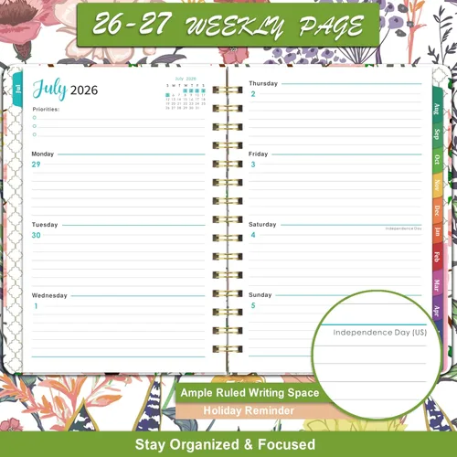 Vista 4 de Agenda académica 2026-2027, agenda semanal y mensual de julio de 2026 a junio de 2027, 6.4 x 8.5 pulgadas con pestañas, tapa dura flexible, papel