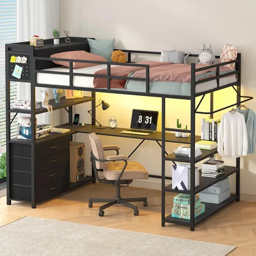 Vista 10 de Cama elevada de tamaño individual con almacenamiento y cabecero tapizado, estructura de cama elevada de metal con escritorio en forma de U y luces