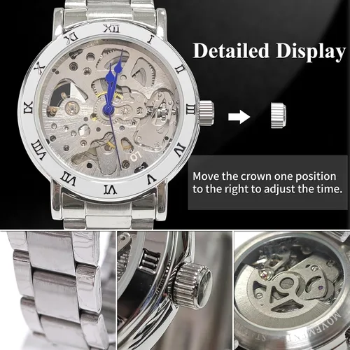 Vista 6 de Gute IK - Reloj automático para mujer, Steampunk con cuerda automática, pulsera plateada mecánica