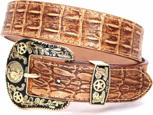 Vista 19 de Western Cowboy - Cinturón de cuero genuino con hebilla grabada, estilo country rodeo para hombre 8052 2cocodrilo Cf