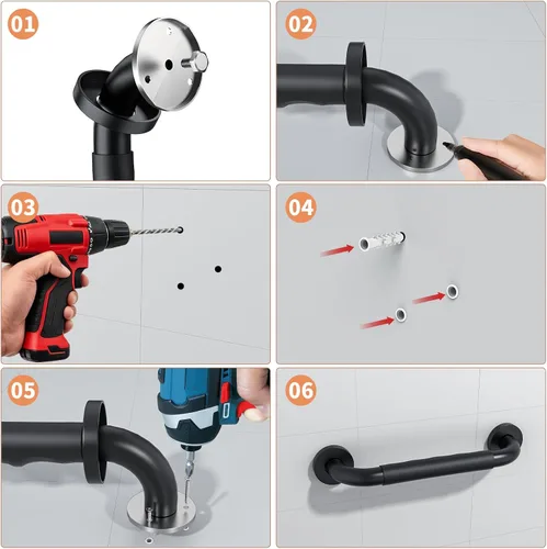 Vista 7 de Barra de agarre para ducha negra de 12 pulgadas con agarre de goma antideslizante, ZUEXT Barra de agarre para baño de acero inoxidable, Barra
