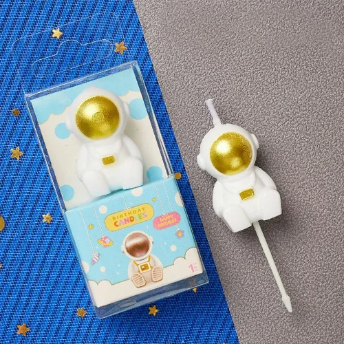 Vista 2 de Vela de cumpleaños con forma de astronauta, velas de cumpleaños temáticas del espacio exterior, decoración de pastel de astronauta (dorado)