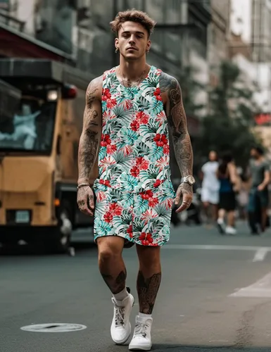 Vista 3 de JoZorro Conjunto de camiseta sin mangas con estampado floral para hombre, camiseta deportiva casual con estampado de lujo, ropa deportiva hawaiana