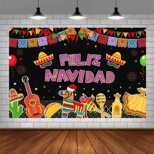 Vista 3 de AIBIIN 7 x 5 pies Feliz Navidad Bckdrop Fiesta Navidad Mexicano Bandera de Color Globo Fondo de Navidad Festivales Suministros de Fiesta Pancarta