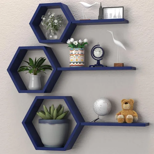 Vista 8 de Estantes hexagonales flotantes geométricos de panal – Estantes flotantes hexagonales montados en la pared, estantes de pared de panal juego de 6