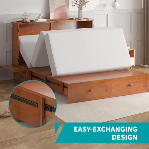 Vista 5 de BALUS 63" W Murphy Bed Queen, Murphy Cabinet Beds with Tri-Fold Mattress & USB Charging Station, Space-Saving Wooden Wall Bed Cabinet with 2 Large