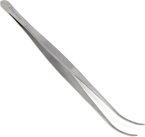 Vista 7 de Pinzas de precisión de acero inoxidable culinario profesional de 6 pulgadas con puntas dentadas, pinzas para servir con detalles de presentación