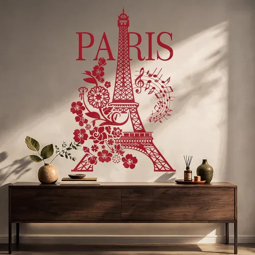 Vista 2 de Vinilo París Torre Eiffel Romántico Notas Musicales Flores Pegatinas Mural Decoración Grande (g4977) Negro
