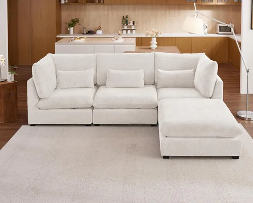 Vista 22 de Sofá Modular de Tamaño Grande, Sofá Seccional de Chenilla Cloud Extra Profundo con Chaise Otomana, Sofá Cama de Chenilla Esponjosa de 5 Asientos