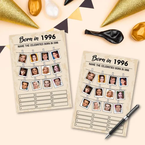 Vista 5 de QUPT Juegos de fiesta de cumpleaños número 30, juegos nacidos en 1996, suministros de fiesta de cumpleaños para adultos, divertido juego de fiesta