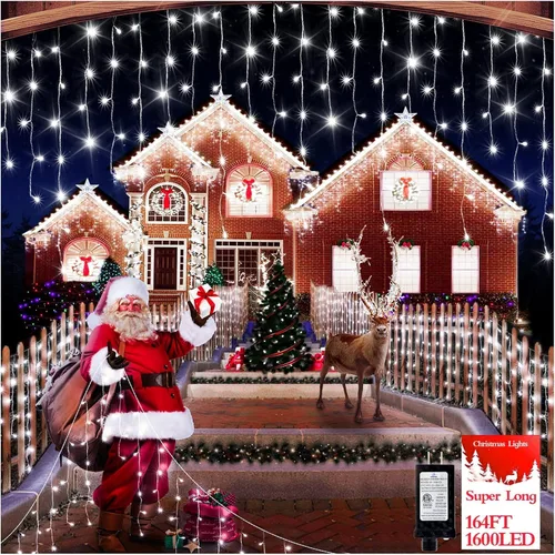 Vista 12 de FLVOECN 480 luces LED de Navidad de 49 pies, enchufables, 8 modos con temporizador, luces de hielo regulables, para exteriores, impermeables