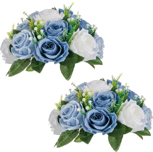 Vista 20 de Sziqiqi Flores de rosas artificiales de seda sintética para decoración de centros de mesa de boda, decoración del hogar, paquete de 2 unidades Azul