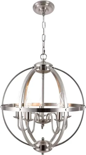 Vista 6 de Moderna lámpara de comedor con 5 luces de esfera de níquel cepillado para comedor y sala de estar, vestíbulo y cocina, pasillo y entrada..