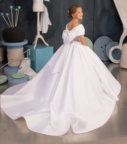 Vista 5 de Flower Girl Dress Off Shoulder-Satin First Communion Dress Bow Knot Girls Ball Gowns
