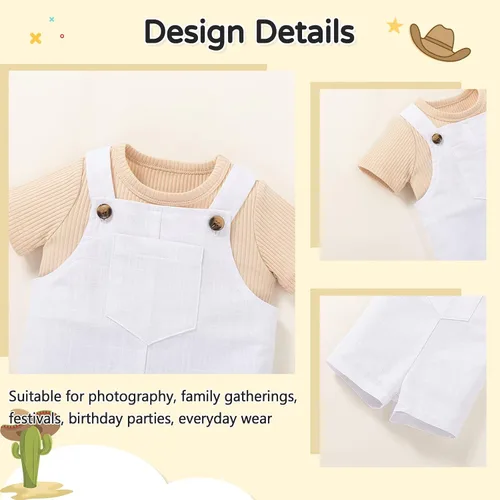 Vista 5 de MBMSHEGH Conjunto de ropa de verano para bebé y niño, con parte superior acanalada y tirantes con botones