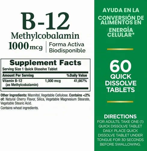 Vista 2 de Nature's Bounty Vitamina B-12 tabletas de disolución rápida, 1000 mcg, ayuda en la conversión de alimentos en energía celular, sabor a cereza, 60