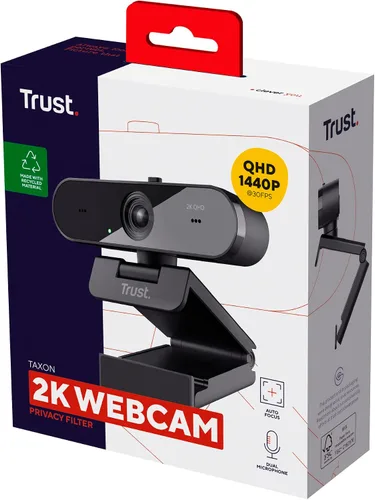 Vista 14 de Trust Cámara web Taxon 2K QHD hecha de 85% plástico reciclado, 2560 x 1440p USB cámara PC con cubierta, enfoque automático, gran angular, 2