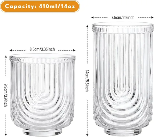 Vista 2 de Vesici 8 vasos de cóctel, diseño de arco, cristalería acanalada, vintage, ondulados, para bebidas de agua de whisky, café helado, jugo, leche, 14