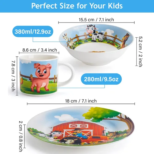 Vista 3 de MIAMIO – Juego de 3 vajilla para niños/Platos de porcelana para niños, juego de platos para niños, juego de vajilla para niños – Incluye plato