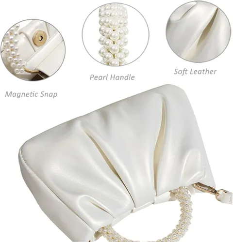 Vista 5 de Beatfull Bolso de noche para mujer, bolso de mano pequeño con perlas de cuero suave, bolso fruncido para boda, novia, fiesta, baile de graduación