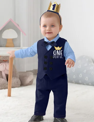 Vista 2 de Traje de primer cumpleaños para niño, traje de primer cumpleaños para niño de Mr Onederful, traje de cumpleaños, mameluco, chaleco, pantalones