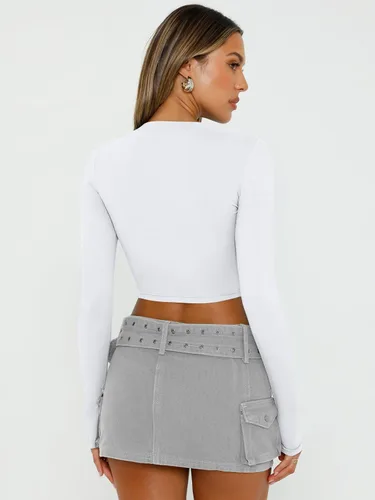 Vista 5 de Trendy Queen Camisetas cortas de manga larga para mujer, camisetas básicas Blanco