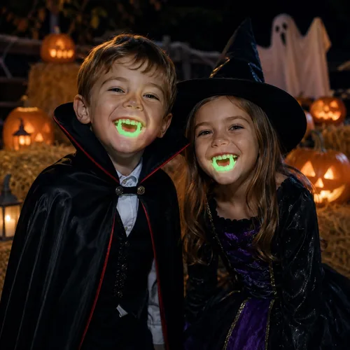 Vista 6 de 12 piezas de dientes de Halloween que brillan en la oscuridad colmillos, disfrazarse, juego de simulación