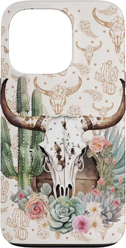 Vista 10 de Western Boho Chic Longhorn Bull Skull Cactus Beige Pattern Case for iPhone 17