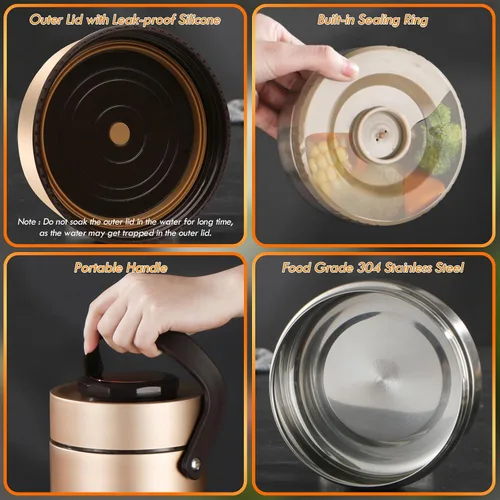 Vista 3 de SSAWcasa Lonchera aislada de 3 capas para hombres, termos de sopa para adultos, contenedor aislado a prueba de fugas, contenedor de comida caliente